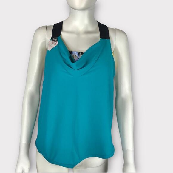 Gerry NWT Swim Tankini Racerback Top w Sports Bra Cowl Neck Green & Black 14 - Picture 1 of 8